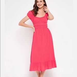 Sim & Sam Red Midi A-Line Dress Ruffle Smocked Scoop Neck Puff Sleeve Sz S